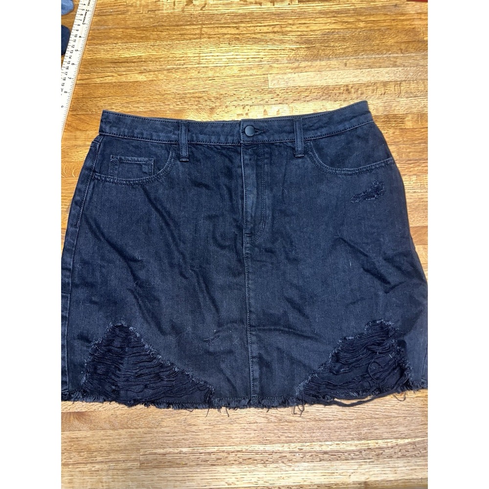 Hollister Women 15/32W Black Denim Distressed High Rise Raw Hem Mini Skirt